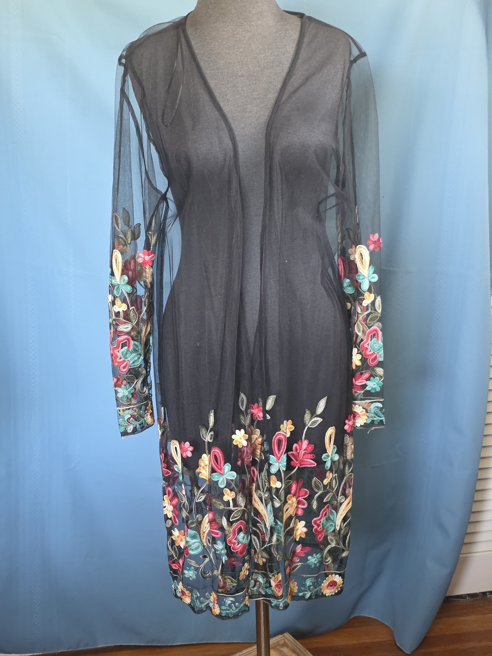 Liv Los Angeles Black Floral Embroidered Mesh Duster L/XL Boho Kimono Open Front